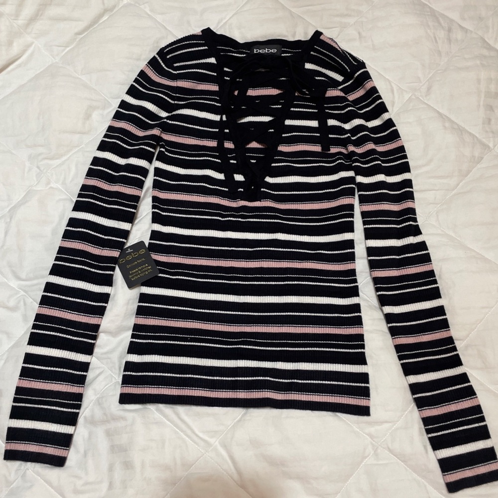 Bebe  Womens Lace-Up Striped Knit Sweater Sz XS